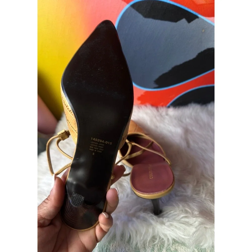 Colin‎ Stuart Tan Croc Embossed Leather Pointed Toe Ankle Wrap Heels Size 8